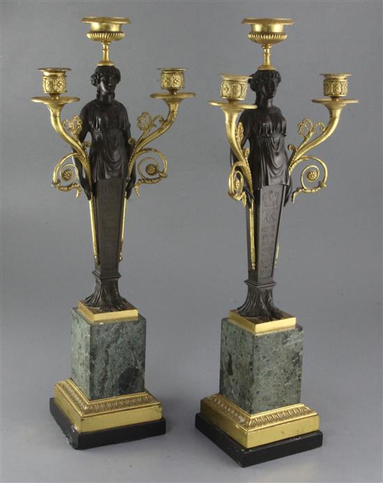 A pair of 19th century French bronze and ormolu three light candelabra, overall height 22in.